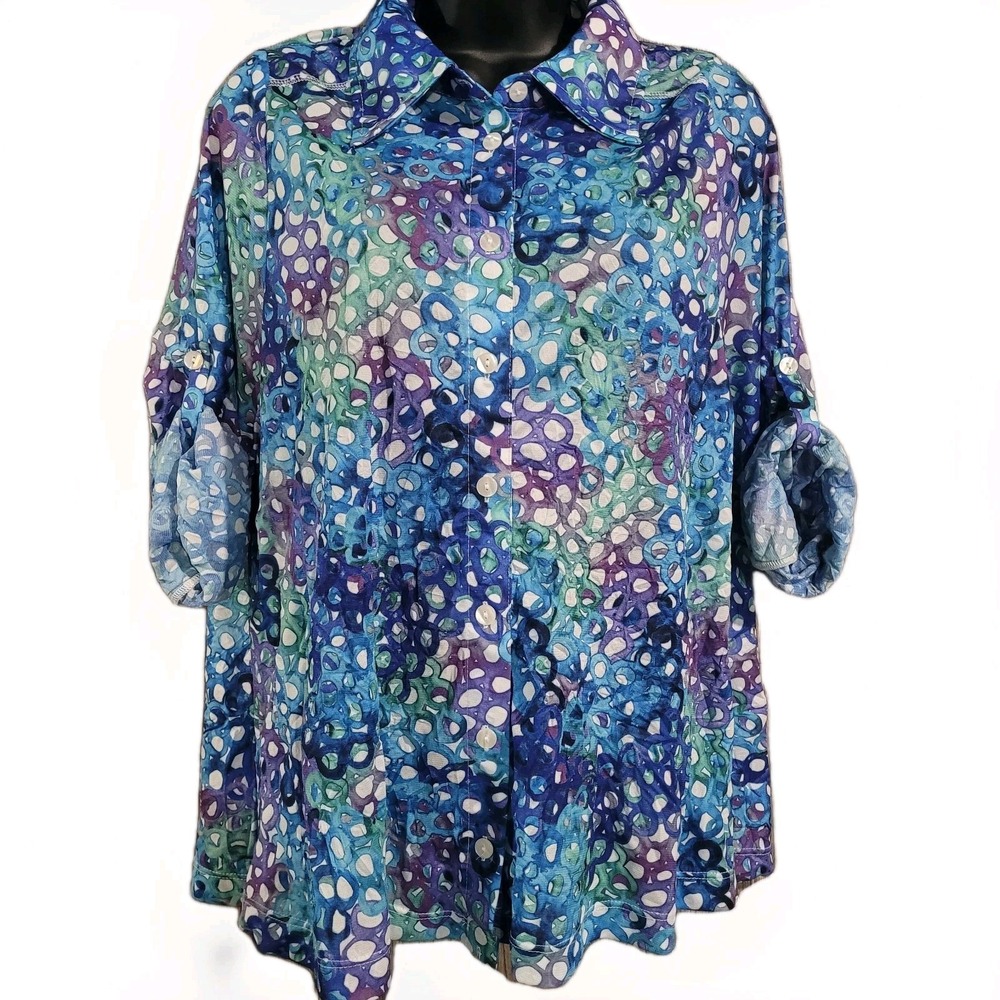 SNOSKINS Artsy Crinkle Button Up Top Size XXL Blue/Purple Semi Sheer Abstract